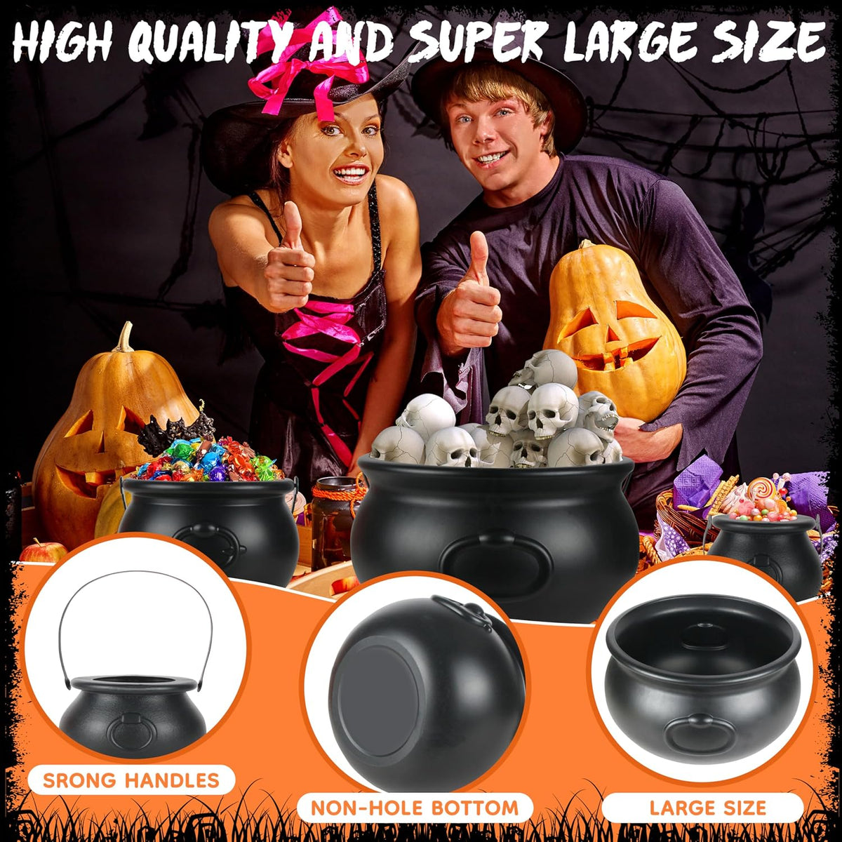 Halloween Large Cauldron Kettles, 4 in 1 [12.6"+7.7" +5.7"+ 5.7 "] Witch Cauldrons, Plastic Black Witch Pot, Treats & Punch Bowl, Candy Holder, Halloween Party Favor for Indoor Outdoor Decoration