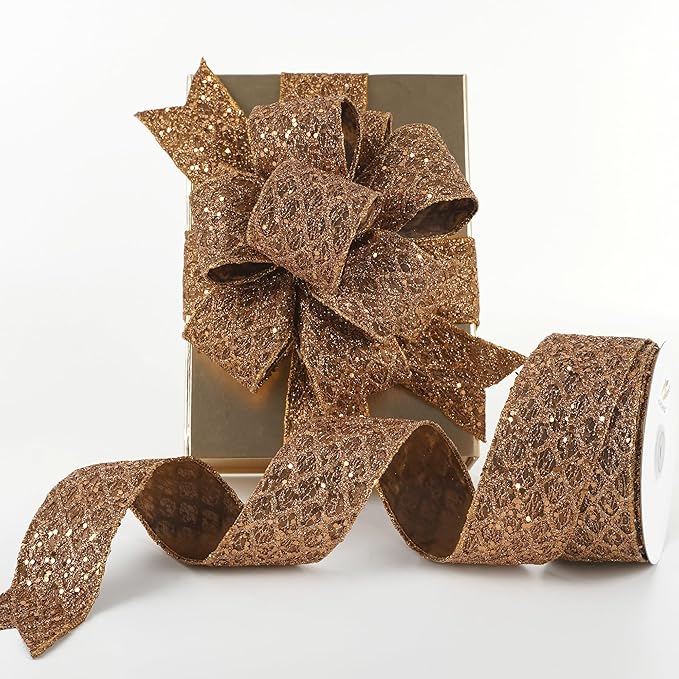 HUIHUANG Glitter Copper Wired Ribbon 2.5 inch Copper Diamond Mesh Wire Edge - Image 9