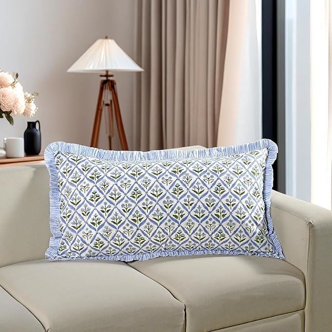 Ridhi Light Steel Blue 100% Cotton Block Print Ruffle Bed Sham Cover 20''×36'' - Image 5
