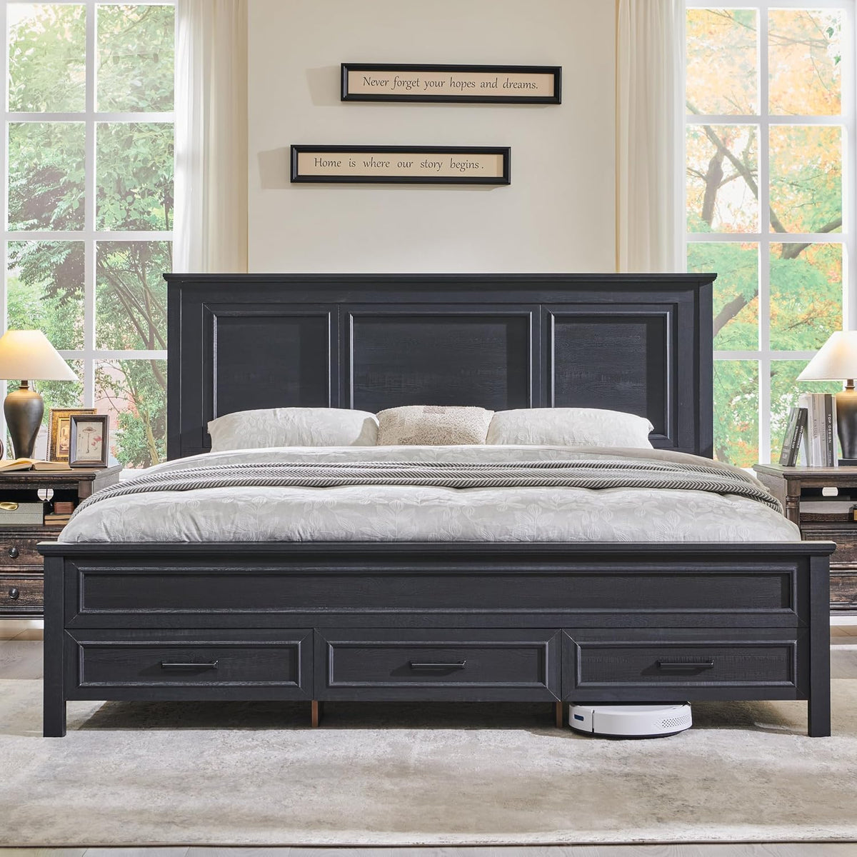 jxqtlingmu farmhouse queen wood bed frame with 52", close-up detail
