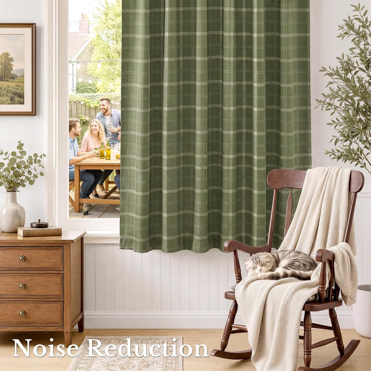 nicetown olive green 100% blackout buffalo check curtains, front angle view