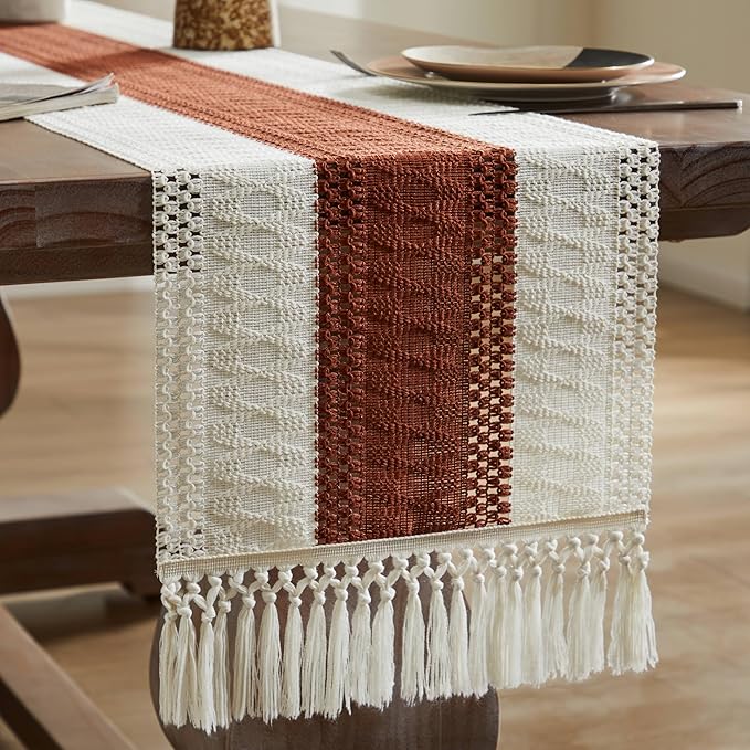 ZeeMart Macrame Style Bicolor Stitching Table Runner, 14 x 90 Inch - Image 7