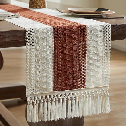 ZeeMart Macrame Style Bicolor Stitching Table Runner, 14 x 108 Inch - Image 7