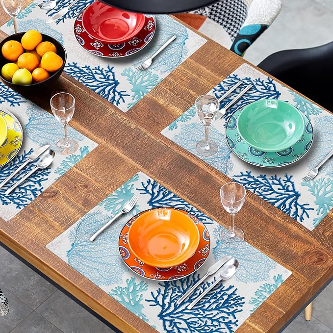 Giwawa Ocean Coral Placemats Set of 4 Summer Blue White Coral Reef Linen Table - Image 8