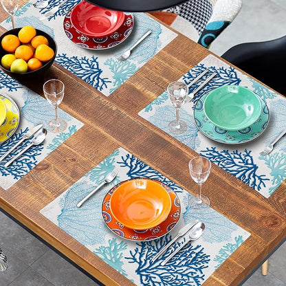 Giwawa Ocean Coral Placemats Set of 4 Summer Blue White Coral Reef Linen Table - Image 8