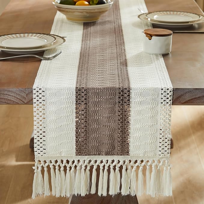 ZeeMart Macrame Style Bicolor Stitching Table Runner, 14 x 108 Inch Cocoa - Image 3