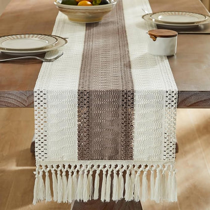 ZeeMart Macrame Style Bicolor Stitching Table Runner, 14 x 36 Inch Cocoa - Image 3