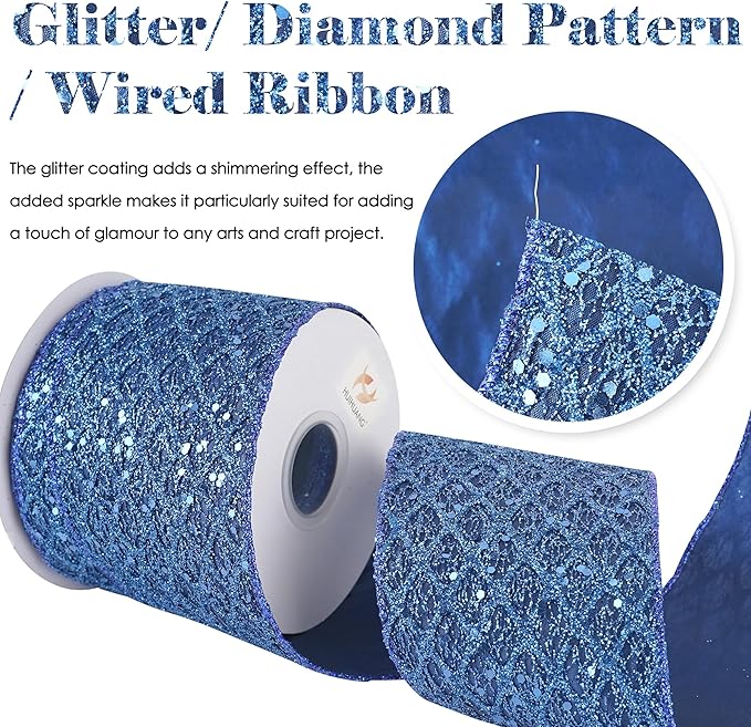 HUIHUANG Navy Blue Wired Christmas Ribbon 4 inch Navy Glitter Wired Ribbon - Image 2