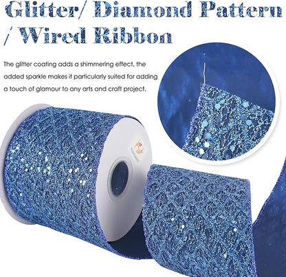 HUIHUANG Navy Blue Wired Christmas Ribbon 4 inch Navy Glitter Wired Ribbon - Image 2