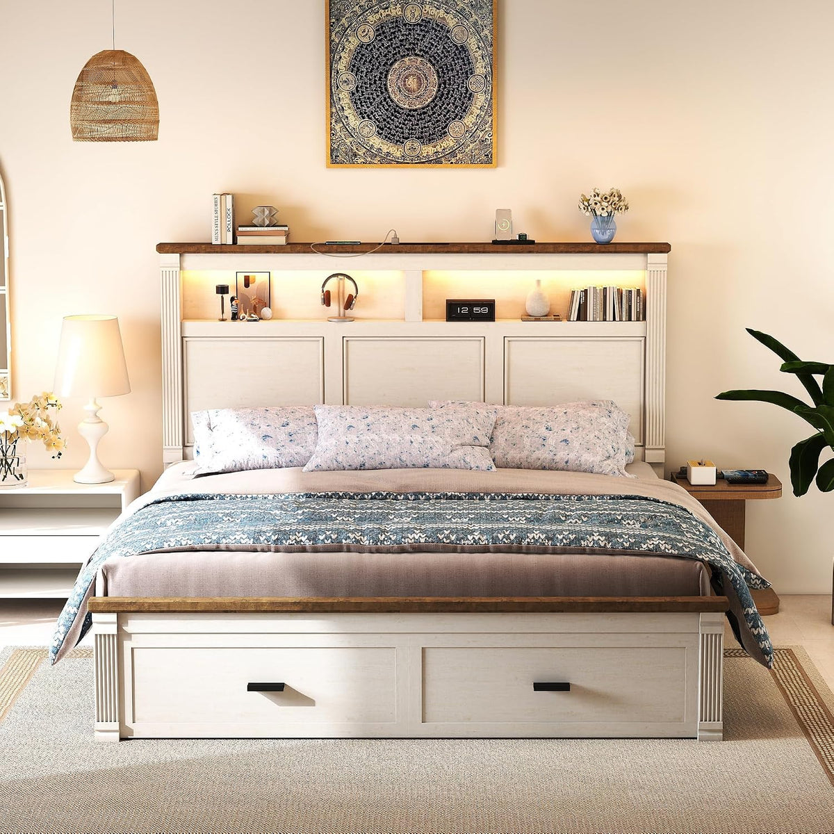 farmhouse 53" tall queen bed frame, headboard& 2, front angle view