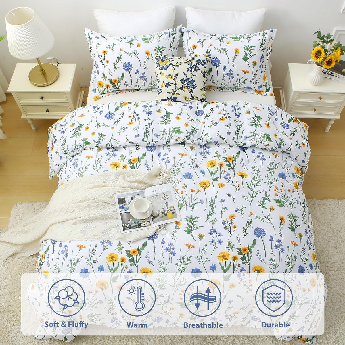 mooreeke floral king size comforter sets, dandelion floral, close-up detail