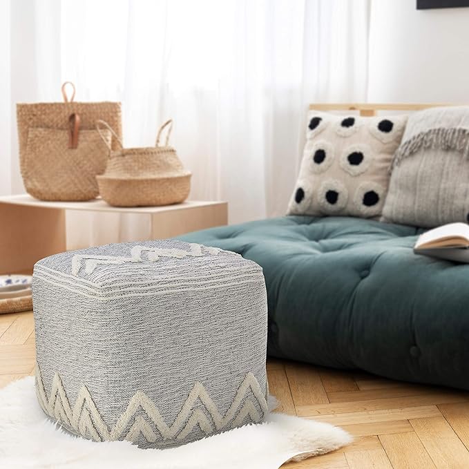 LR Home Gray/Ivory Geometric Hand-Woven Polyester Ottoman Pouf - Image 9