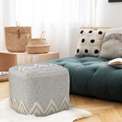 LR Home Gray/Ivory Geometric Hand-Woven Polyester Ottoman Pouf - Image 9