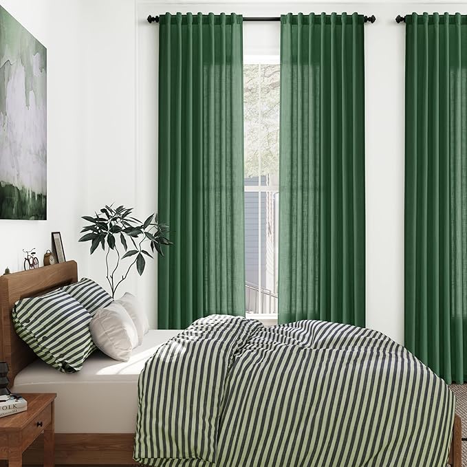 Green Linen Blend Drapes 84 Inch Length 2 Panels Set Back Tab Rod Pocket Light - Image 7
