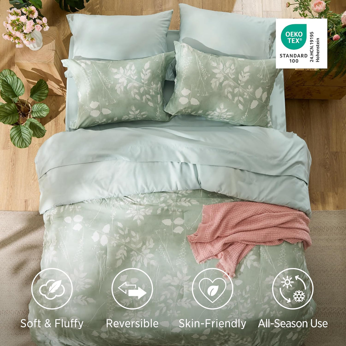 bedsure sage green queen comforter set, floral bedding, close-up detail