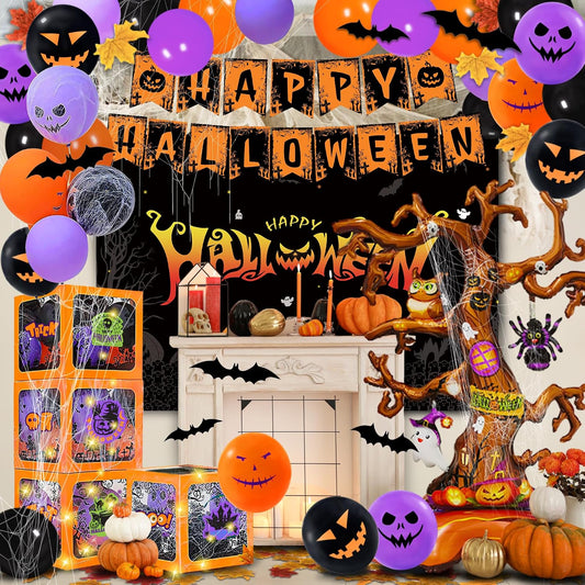 157 Pcs Halloween Party Decorations Kit, 43" Giant Tree Balloon, 4 Balloon Boxes, Happy Halloween Banner, 60 pcs Balloons, Artificial Leaves