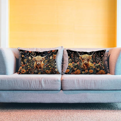 Moody Floral Highland Cow Pillow Covers 12x20 Set of 2, Gifts - Image 3