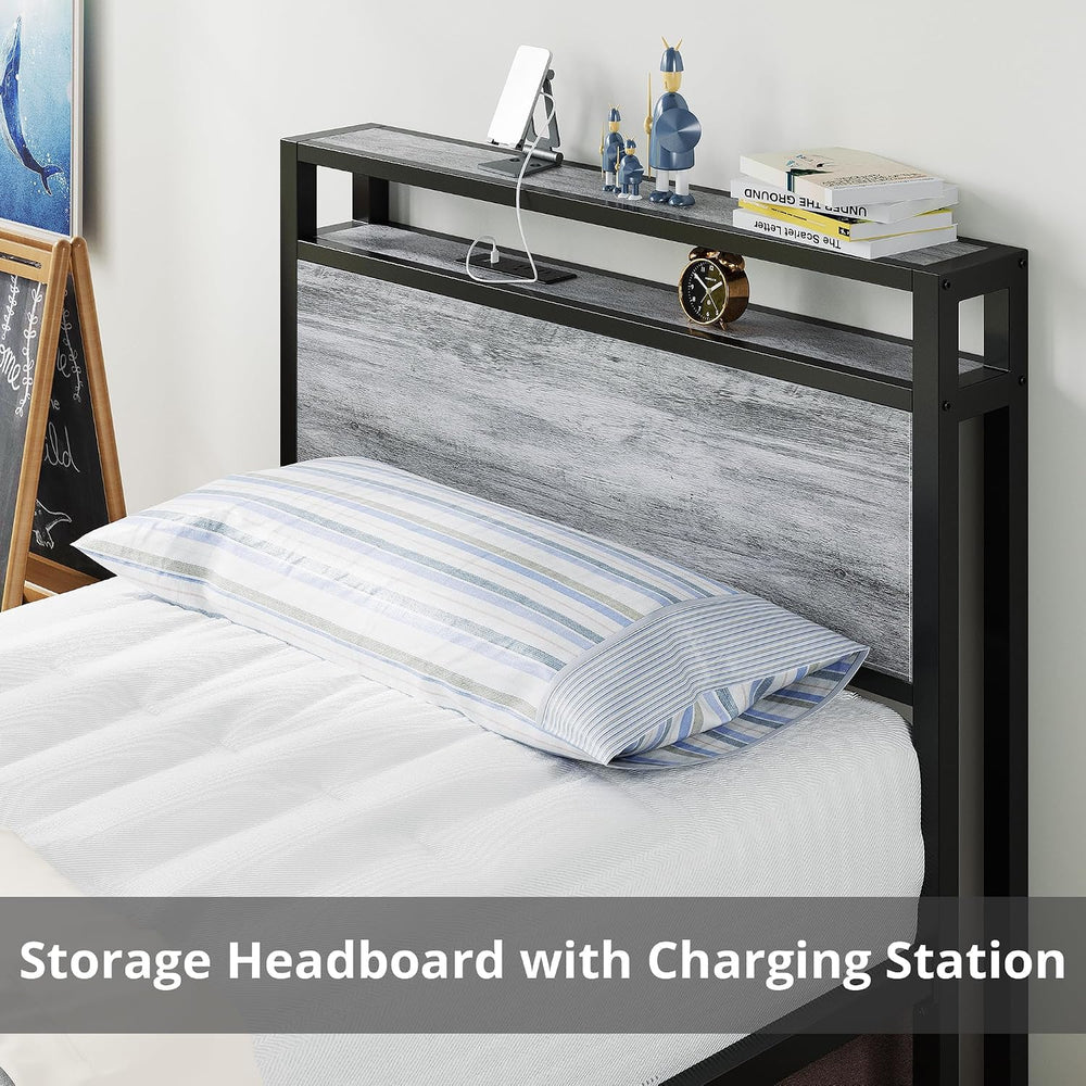 LIKIMIO Twin Bed Frames with Drawer and Charging Station, Industrial Gray