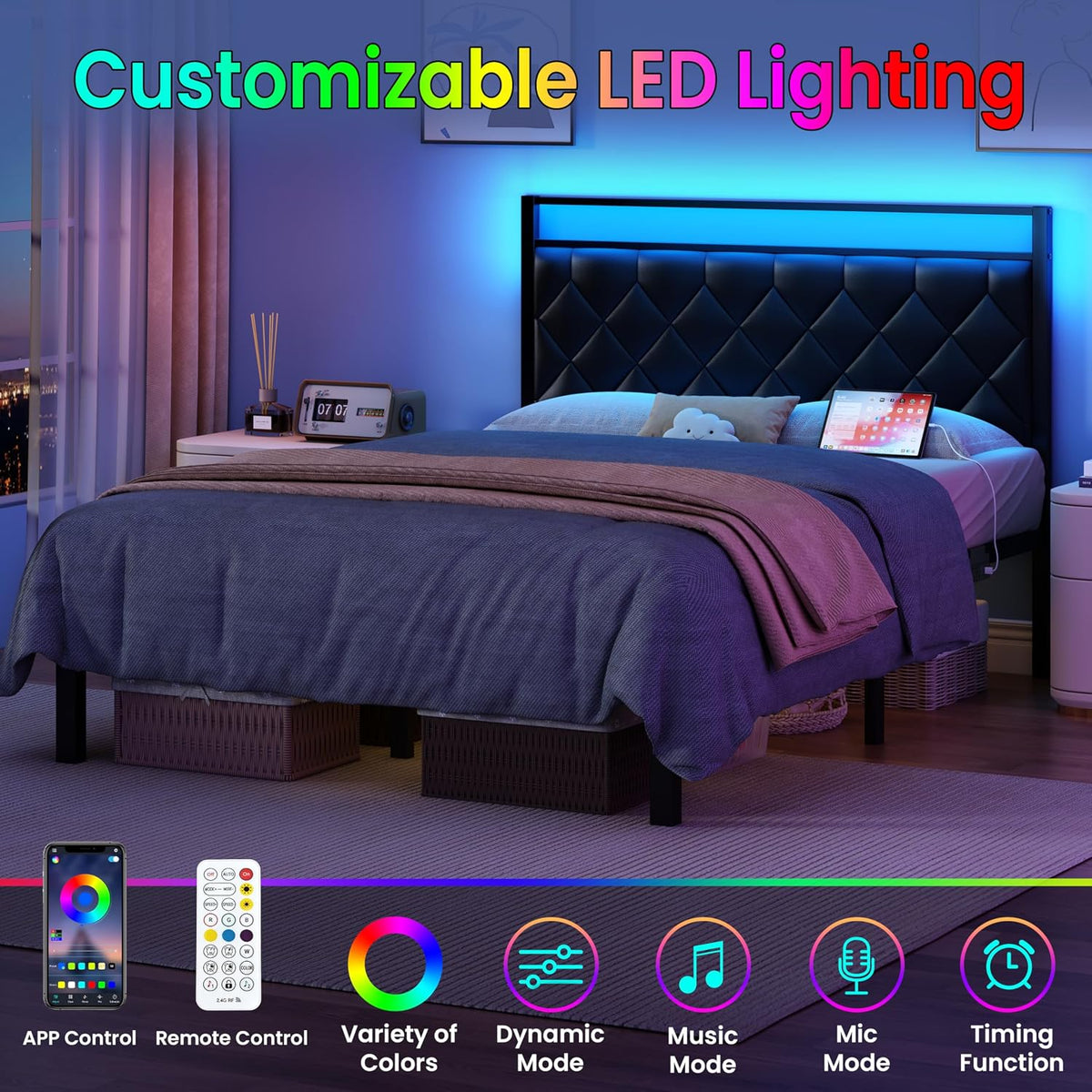 queen size bed frames with charging station &, close-up detail