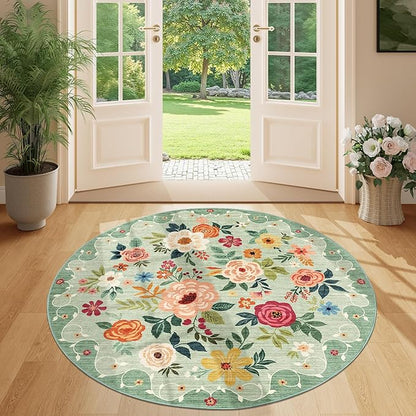 DUKINO Floral Round Rug, 4ft Washable Round Area Rug, Non Slip Indoor Low Pile - Image 3