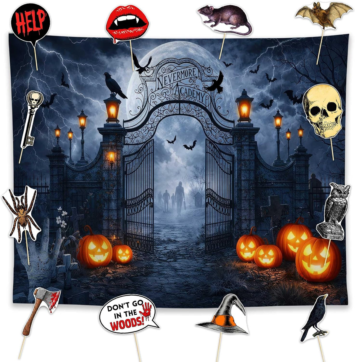 Allenjoy 118" x 95" Halloween Horror Photography Backdrop with Photo Booth Props, Party Decorations, Supplies and Favors