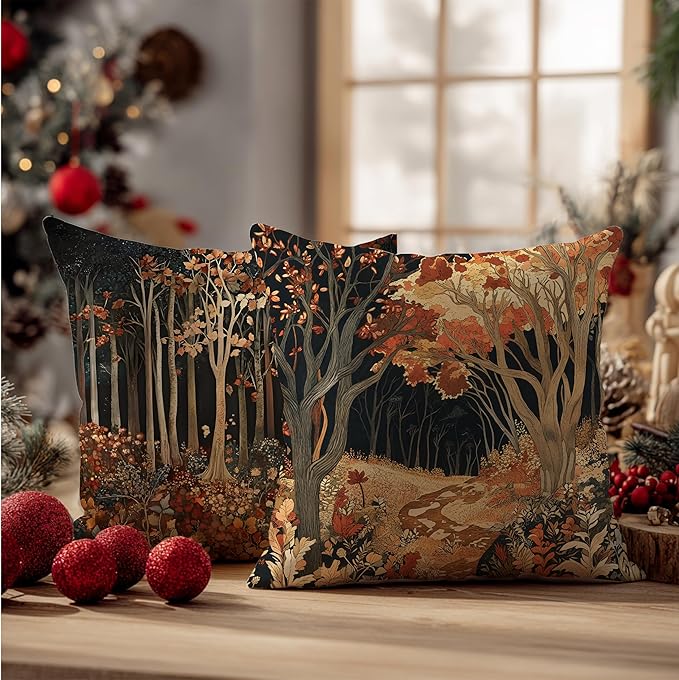Rustic William Morris Inspired Autumn Forest Decor Throw Pillow Covers 18x18 - Image 6