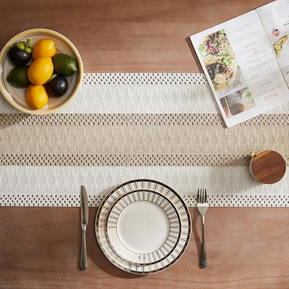 ZeeMart Macrame Style Bicolor Stitching Table Runner, 14 x 48 Inch Taupe/Ivory - Image 4