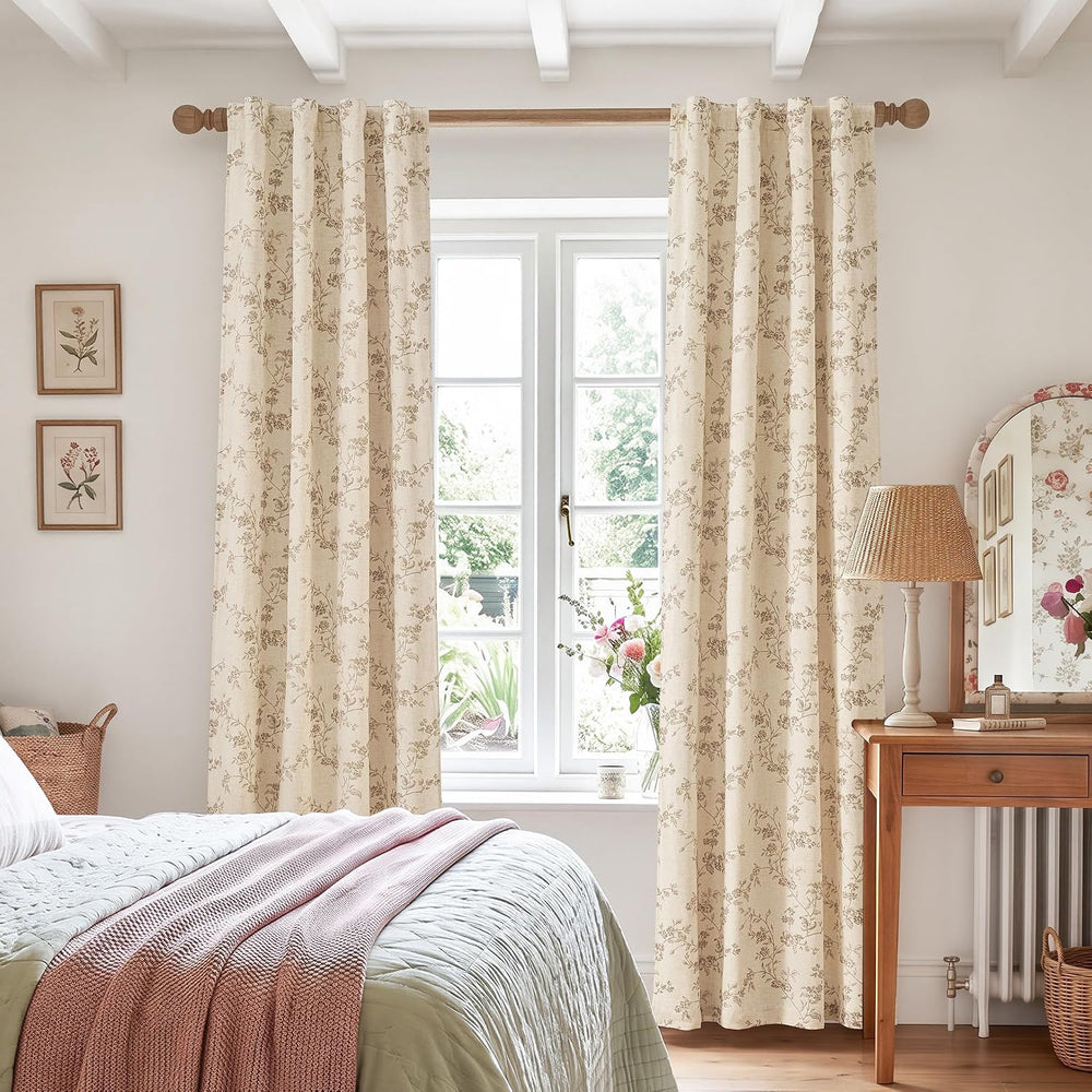 jinchan Linen Blackout Curtains Taupe Floral 84 Inch Back Tab 2 Panels