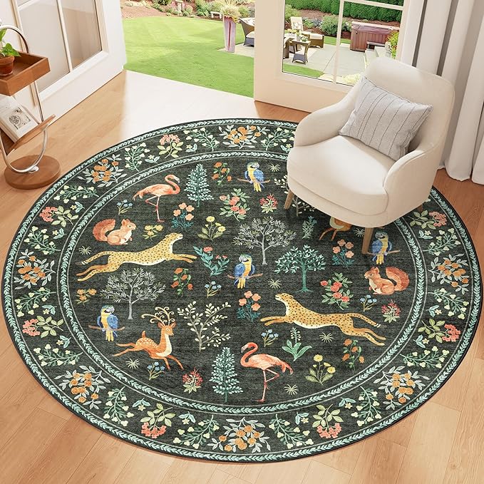 DUKINO 4ft Round Rug, Washable Round Area Rug, Non Slip Indoor Low Pile Animal - Image 4