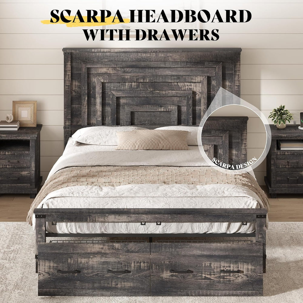 AMERLIFE Full Bed Frame with 54" Headboard & Storage, Black Oak