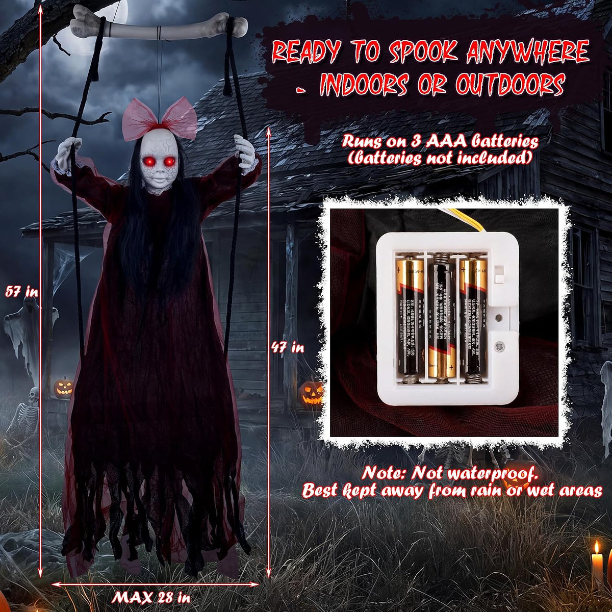 Halloween Decorations Outdoor, Creepy 57” Hanging Swinging Ghost Doll Girl, Sound/Touch Activated Hanging Ghost, Light-Up Red Eyes Halloween Haunted House Prop for Porch Yard Tree Garden Graveyard