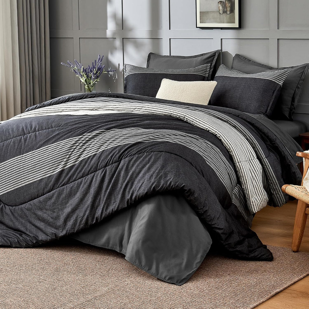 andency full size comforter set, black white grey shown in use