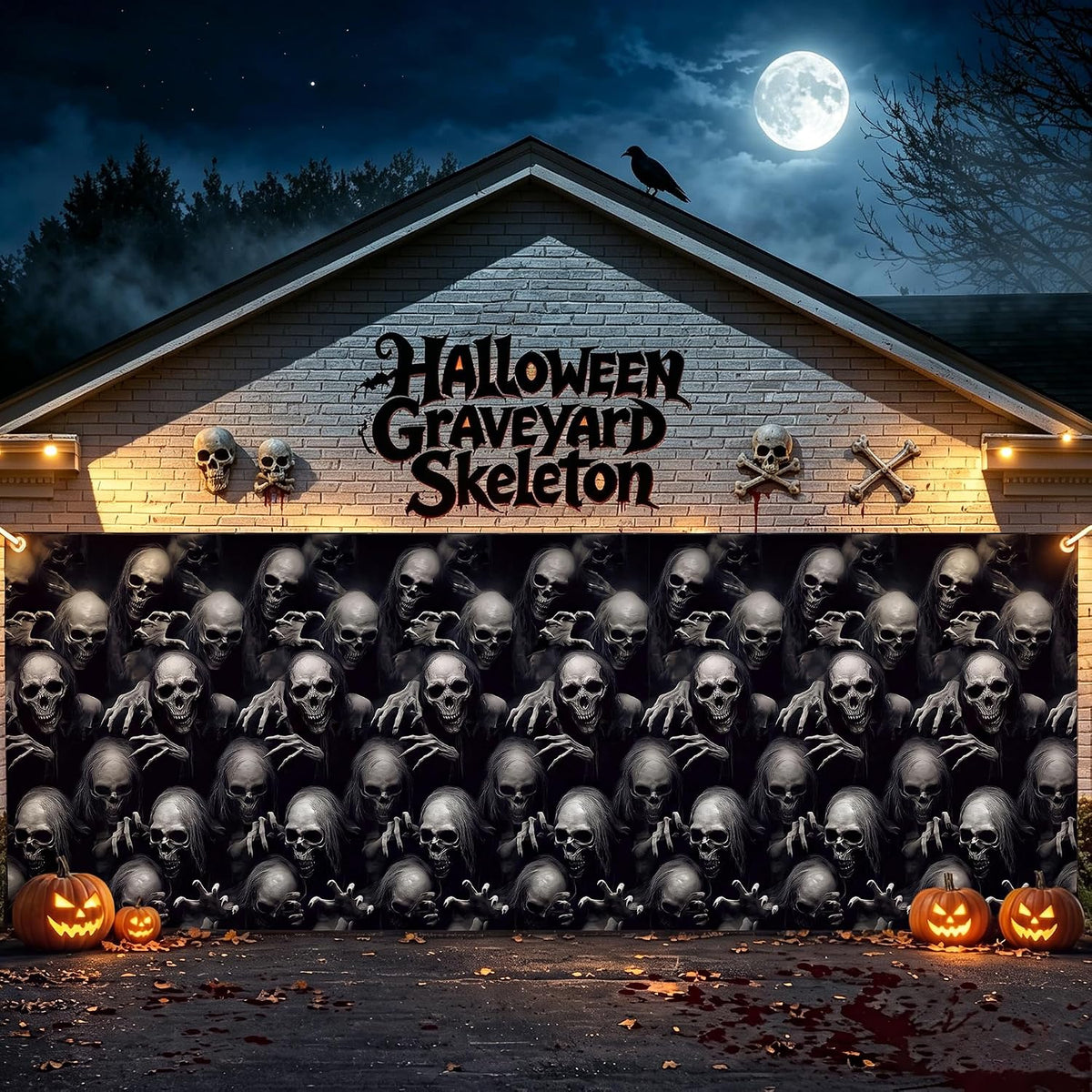 Kochorie 100 Ft x 54 Inch Halloween Graveyard Skeleton Tablecloth Roll with Cutter Box Waterproof Plastic Horror Theme Skeleton Ghouls Photography Backdrop for Halloween Spooky Party Decor