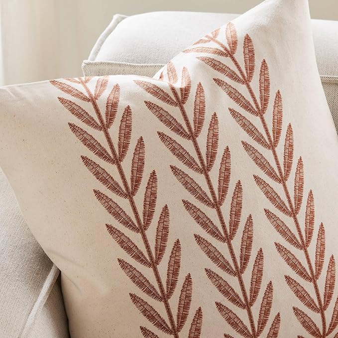 100% Cotton Farmhouse Leaves Throw Pillow Covers Set of 2, 24x24 Inch Terracota - Image 2