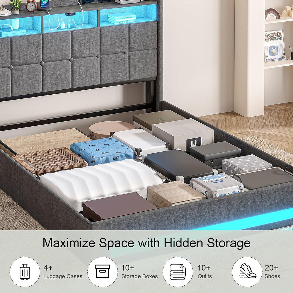 VECELO Full Size Lift Up Storage Bed, Upholstered Platform Bed Frame with Sma...