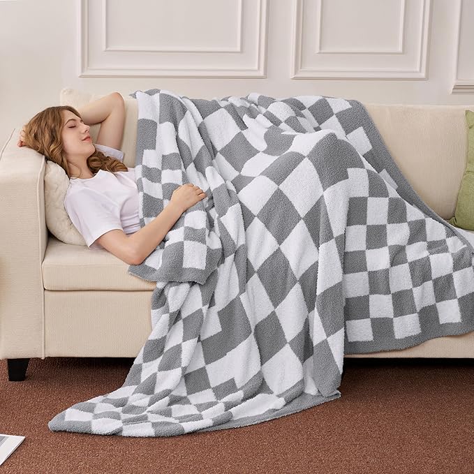 Joiedomi Twin Blanket for Couch Bed, Light Grey Checkered Knitted Blankets - Image 3