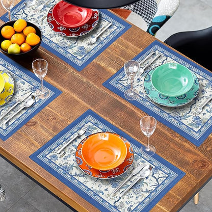 Giwawa 4PCs Chinoiserie Placemats Blue White Floral Birds Decorative Linen - Image 8