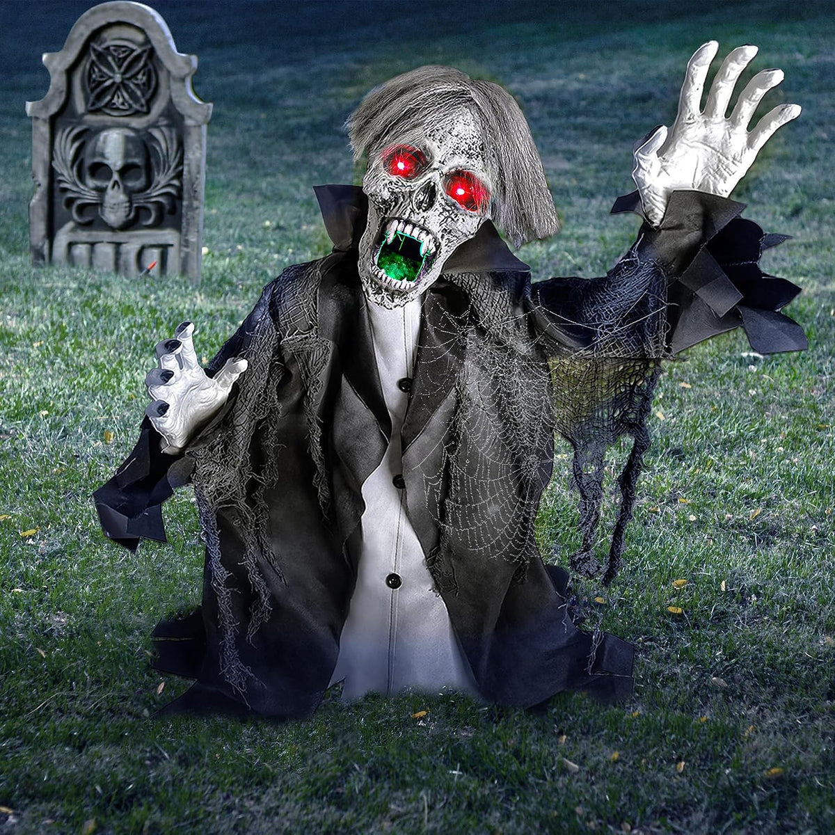 Halloween Animatronic Zombie Groundbreaker Decoration, 2.3 FT Motion & Sound Activated Scary Outdoor Prop with Light-Up Eyes for Yard, Lawn, Patio & Haunted House