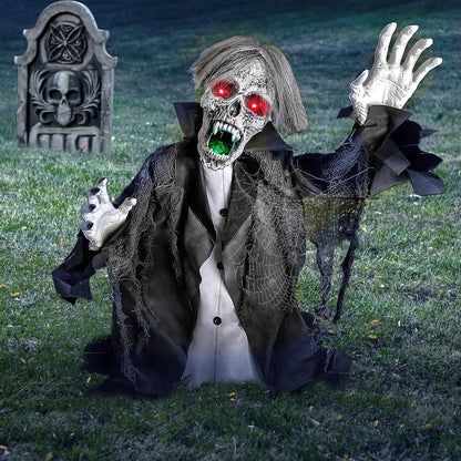 Halloween Animatronic Zombie Groundbreaker Decoration, 2.3 FT Motion & Sound Activated Scary Outdoor Prop with Light-Up Eyes for Yard, Lawn, Patio & Haunted House