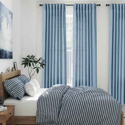 blue linen textured 96 inch curtains 2 panel on a desk or shelf