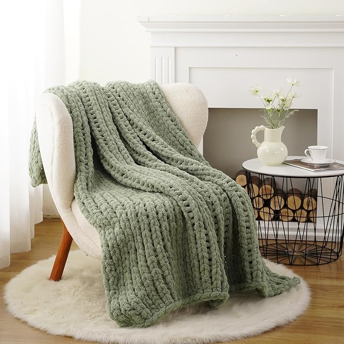 Battilo Sage Green Chunky Knit Throw Blanket, Soft and Thick Chenille Throw - Image 2