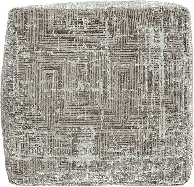 LR Home Transitional Distressed Geometric Gray/Ivory Polyester Blend Cube Pouf - Image 3