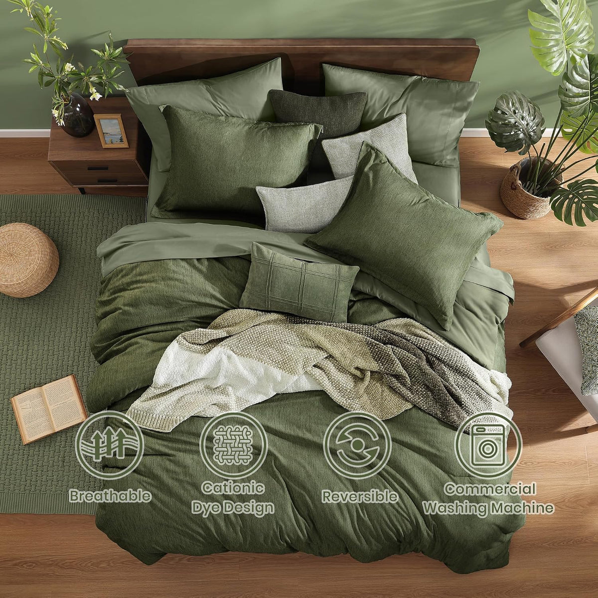 monbix king size comforter set olive green 7 shown in use