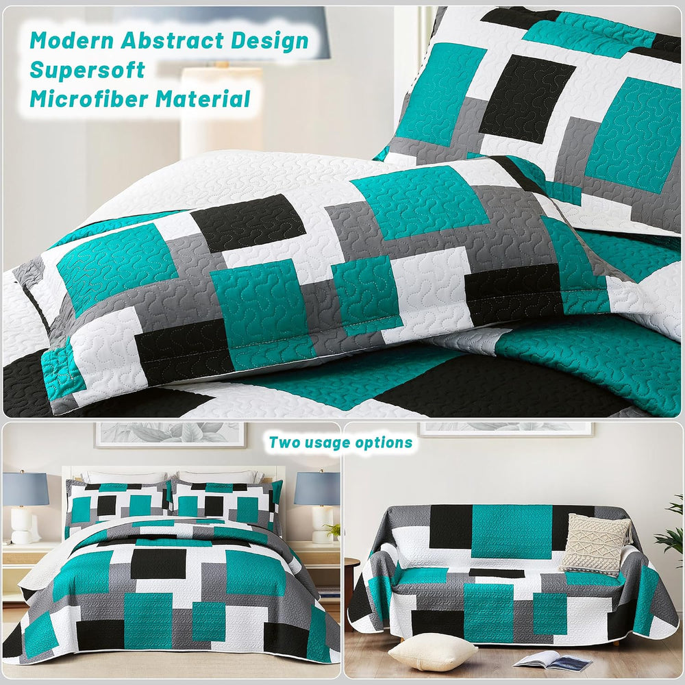 Tyrot 3 Piece Teal/Turquoise Quilt Full/Queen Size Black Grey Bedding Set