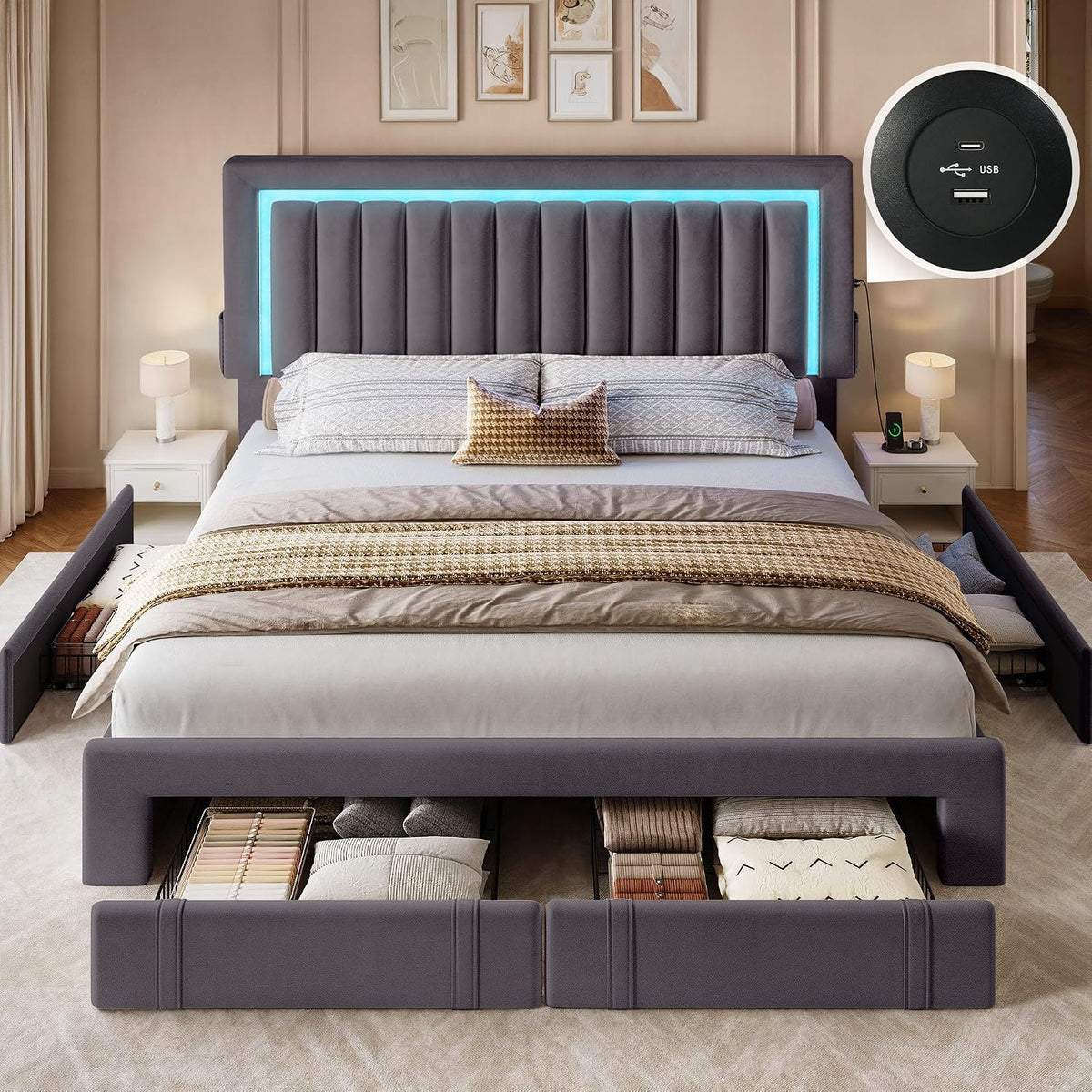 yitahome queen size bed frame with rgb led, front angle view