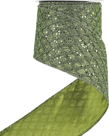 HUIHUANG Moss Green Wired Christmas Ribbon 4 inch Moss Glitter Wired Ribbon by HUIHUANG