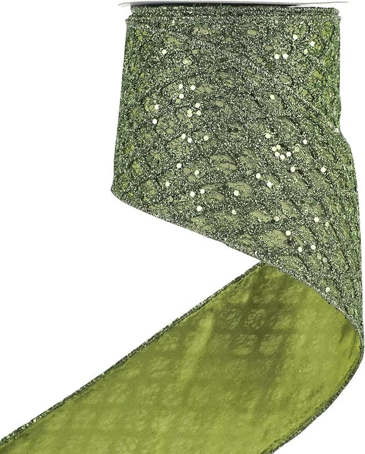HUIHUANG Moss Green Wired Christmas Ribbon 4 inch Moss Glitter Wired Ribbon by HUIHUANG