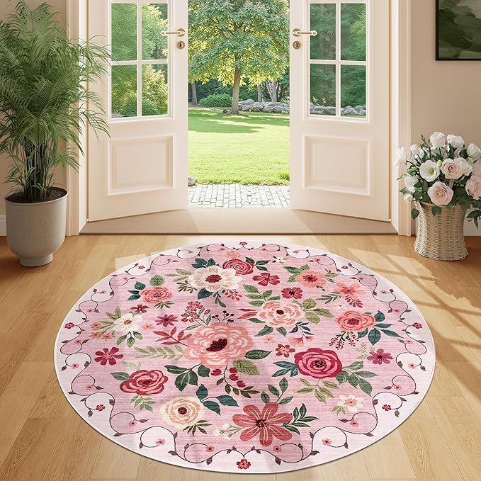 DUKINO Floral Round Rug, 4ft Washable Round Area Rug, Non Slip Indoor Low Pile - Image 3