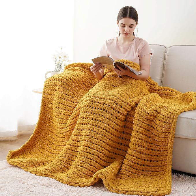 Battilo Mustard Yellow Chunky Knit Throw Blanket, Soft and Thick Chenille Throw - Image 8
