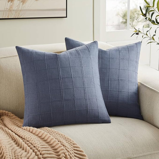 ZeeMart Linen Checked Throw Pillow Covers Set of 2, 16x16 Inch Blue/Cream by ZEEMARTONLINE